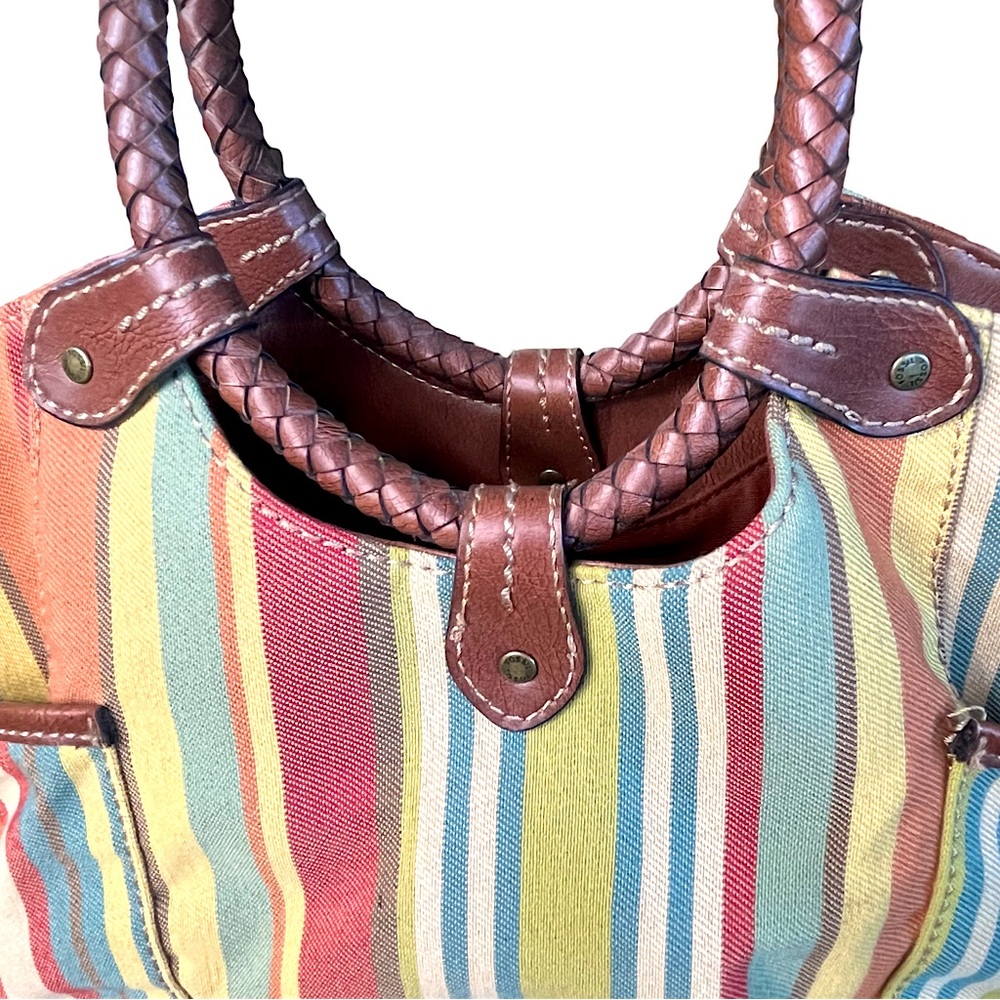 Fossil Vintage Striped Canvas Satchel Braided Leather Circle Handles Boho Bag - Picture 2 of 10